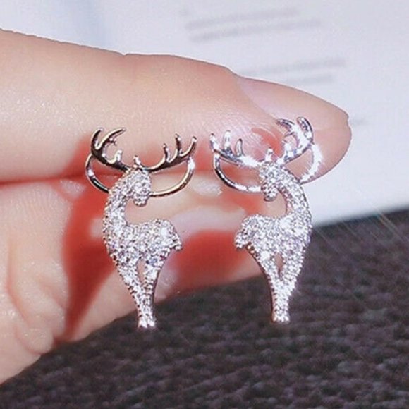 New Silver Deer Elk Earrings Diamond Zircon Stud 925S Christmas Holiday Festive - Picture 4 of 4